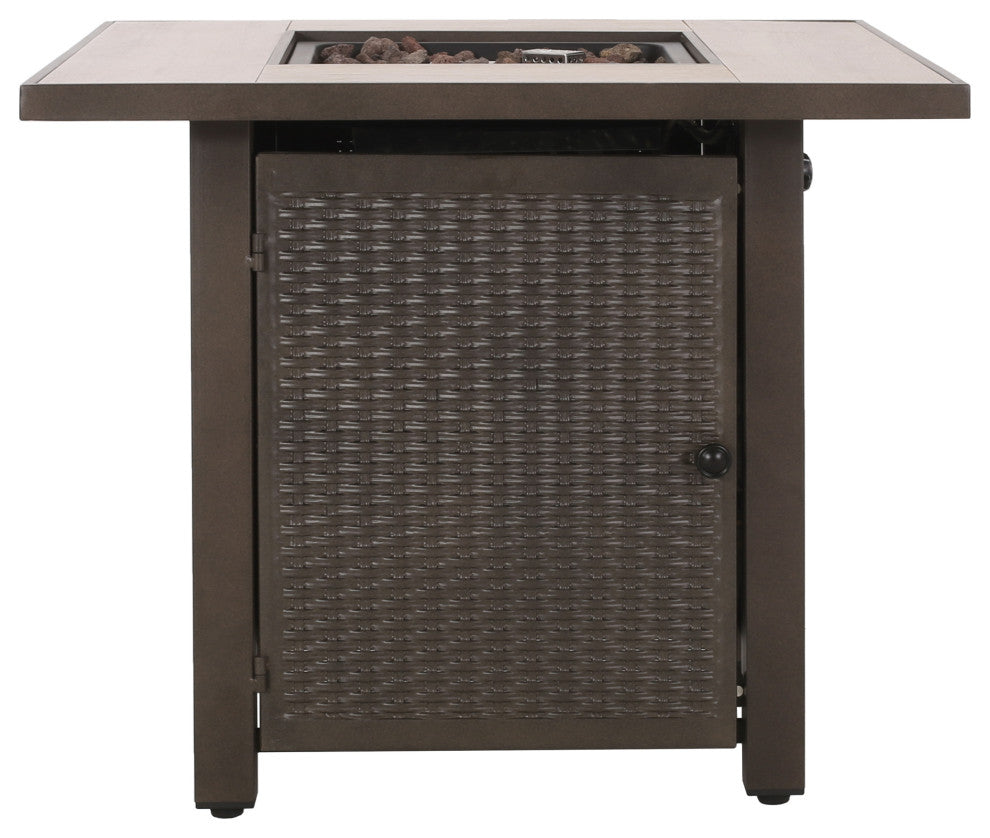 Larry Outdoor 40,000 BTU Iron Square Fire Pit, Dark Brown/Brown Wood Grain