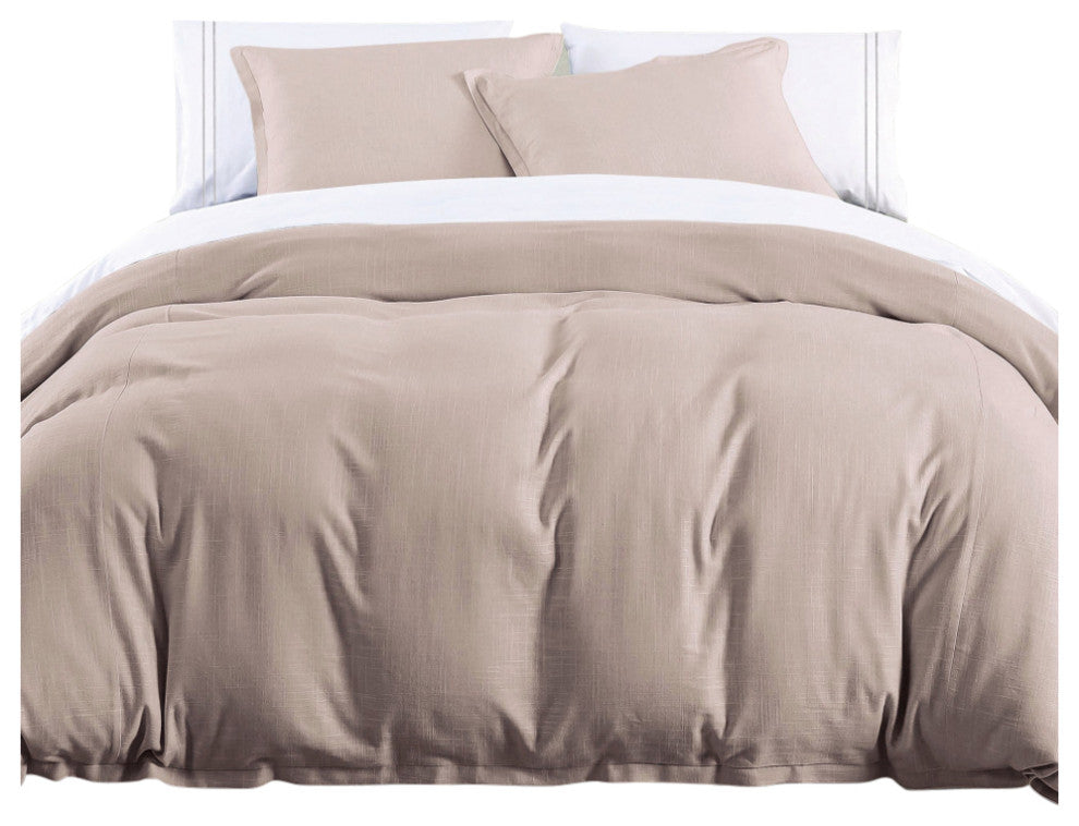Hera Washed Linen Flange Comforter Set, 3 Piece, Blush, Queen