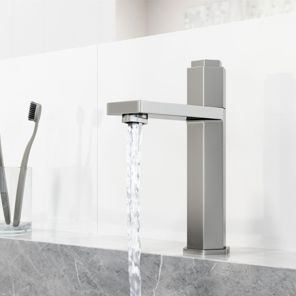 VIGO Nova 8" H Button Operated Single Hole Bathroom Faucet, Brushed Nickel, Without Extras