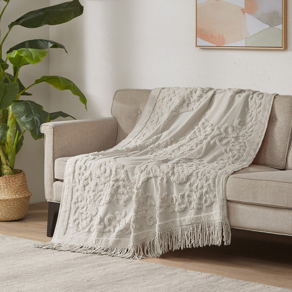 Madison Park Chloe Fringed Tufted Throw Blanket, Boho Pattern, Grey