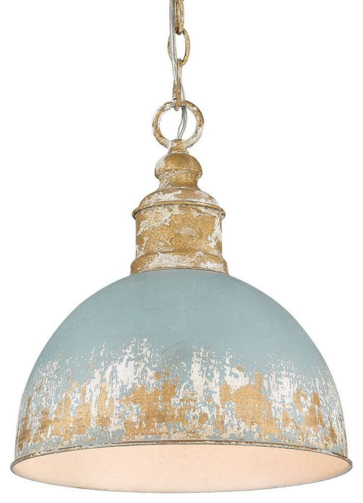1 Light 12" Pendant, Vintage Gold With Teal Shade