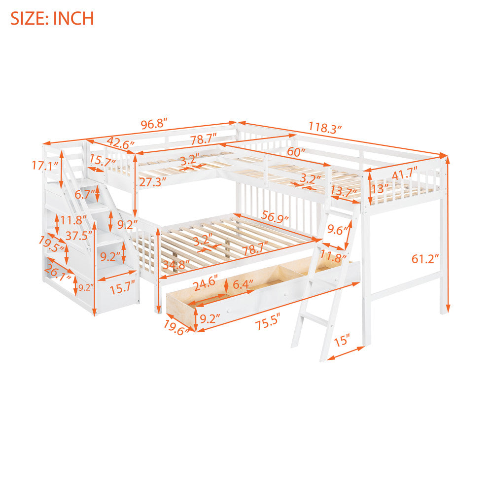 Gewnee Wood Twin over Full L-Shaped Bunk Bed With 3 Drawers in White