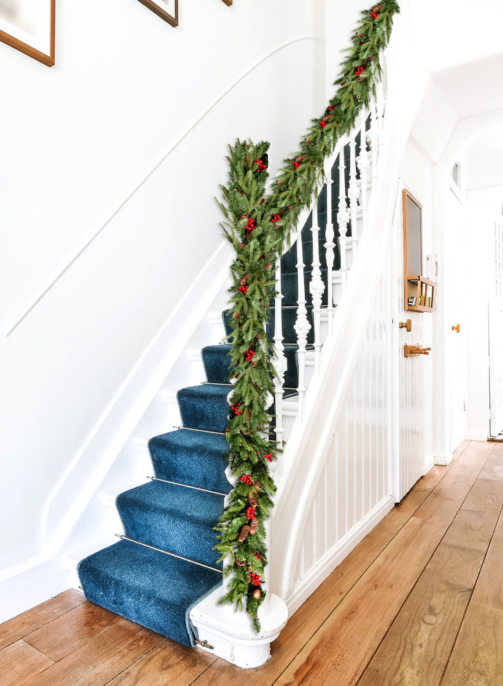 Serene Spaces Living 9ft Faux Pine Garland With Red Berries and Mini Pinecones