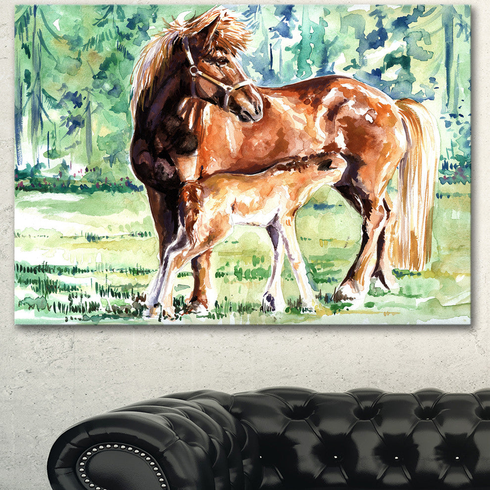 Mare and Foal Watercolor, Abstract Canvas Art Print, 40"x30"