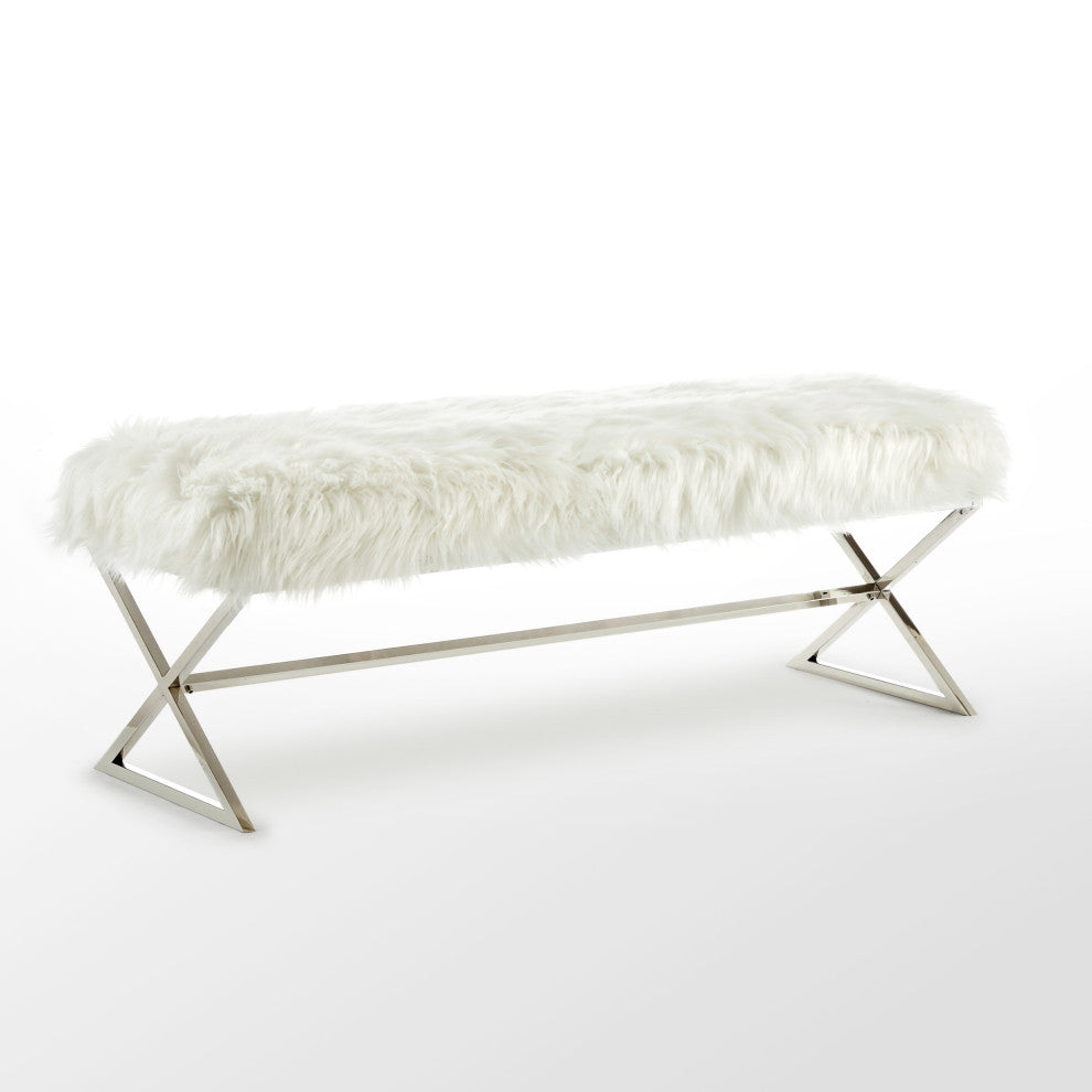 Oria Faux Fur X-Leg Base Bench, White and Chrome