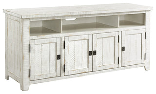 Rustic TV Stand, 3 Open Compartments and 3 Storage Cabinets, Antique White