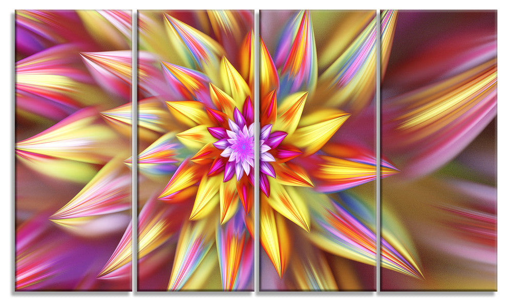 Multi Color Alien Fractal Flower, Floral Canvas Art Print, 48"x28", 4 Panels