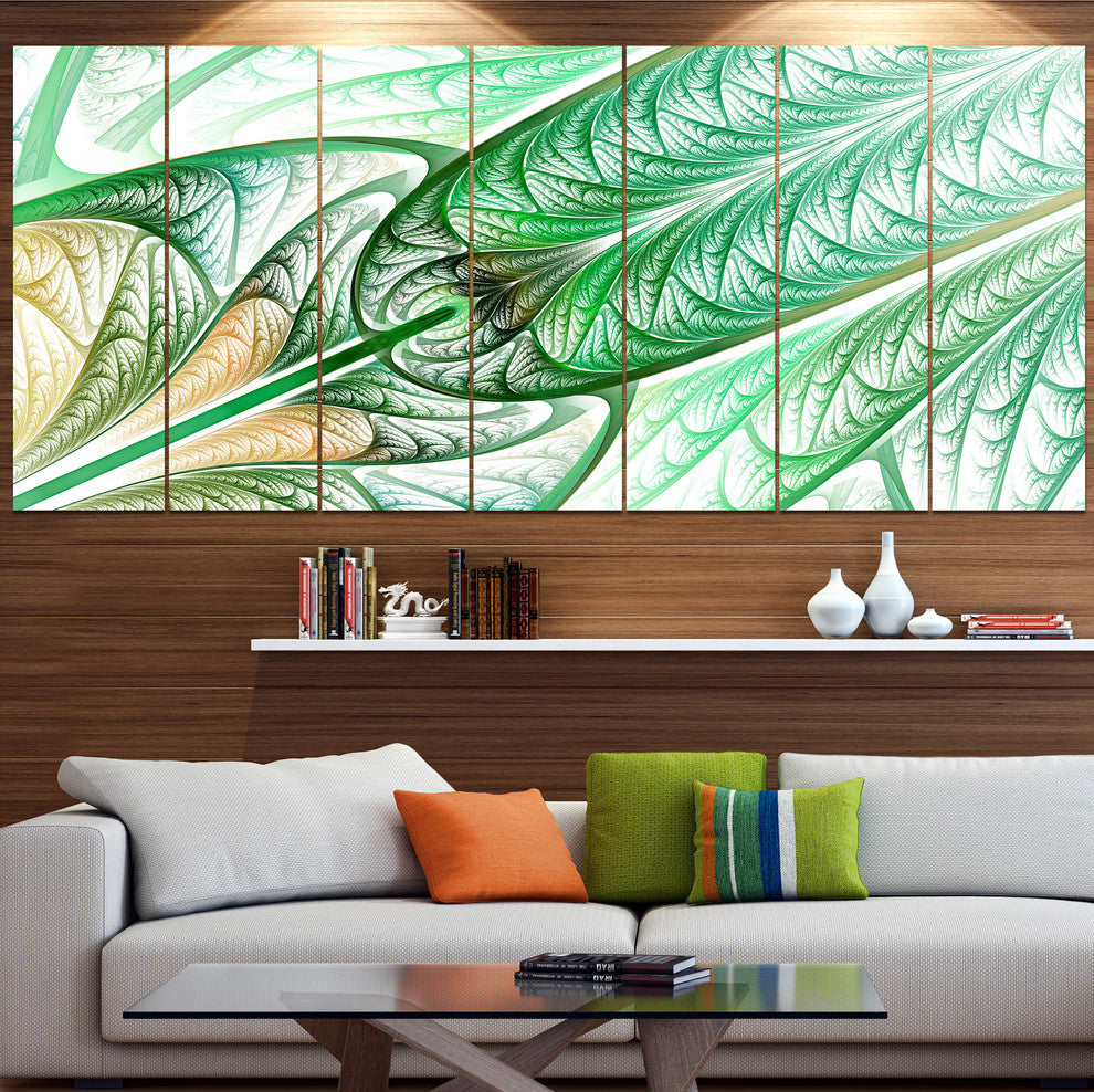 Green on White Fractal Stained Glass, Abstract Canvas Art, 83"x32", 7 Panels