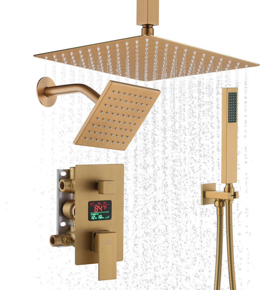 3 Function Wall Mounted Digital Display Shower System, Brushed Gold