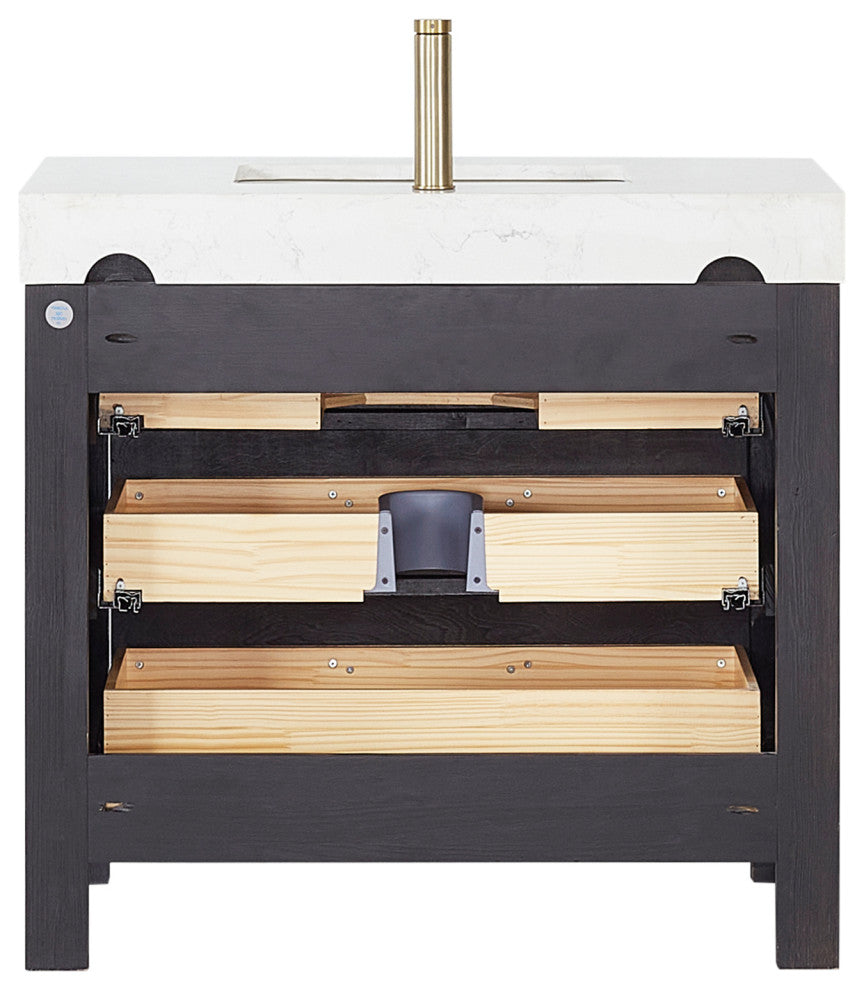 Leon Bath Vanity With Composite Stone Top, Fir Wood Black, 36", With Mirror