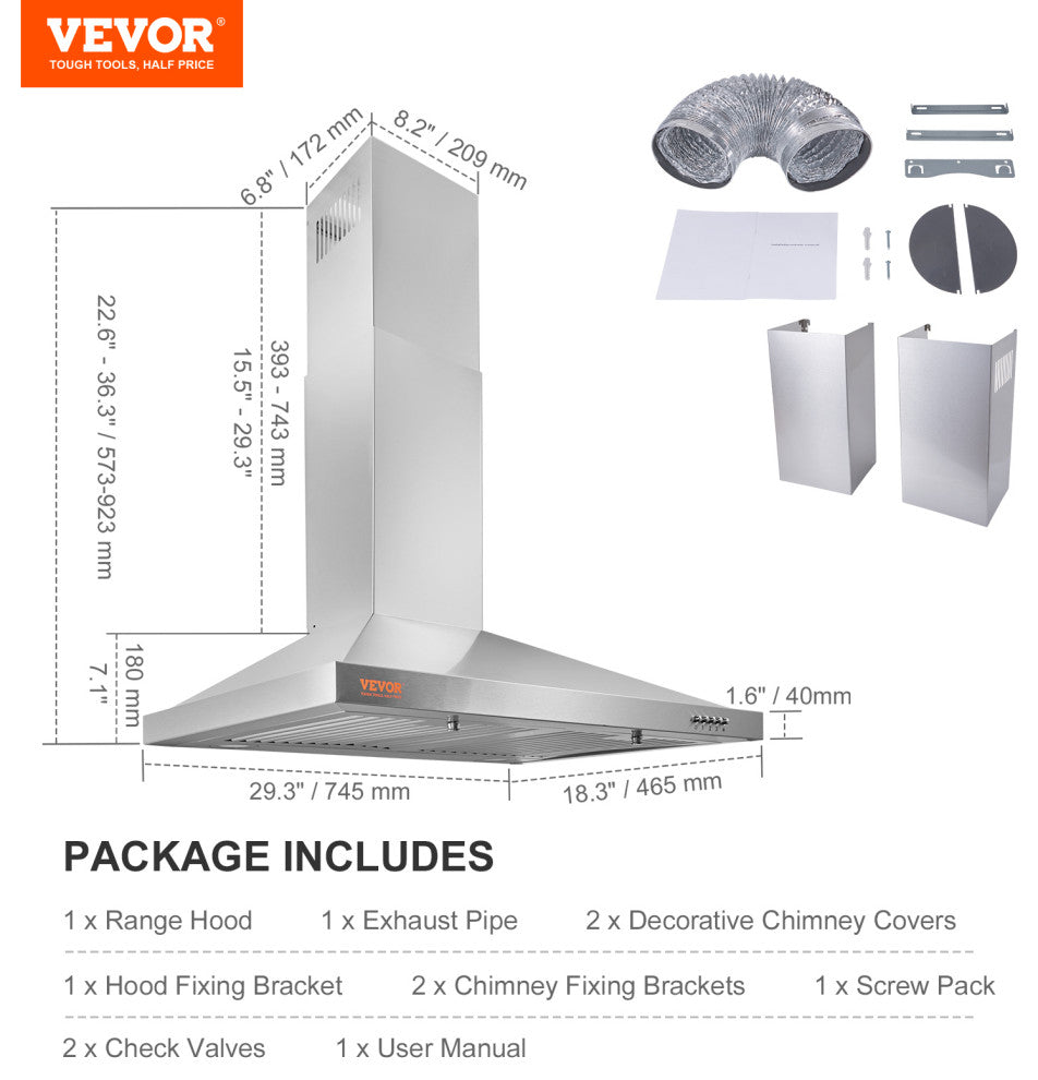 VEVOR 30" Wall Mount Range Hood Ductless Kitchen Vent Stainless Steel 3 Speed