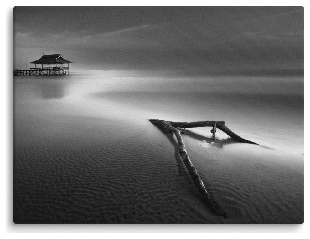 Dramatic Beach Driftwood Black & White Coastal Landscape Photo CanvasArt Print, 12" X 16"