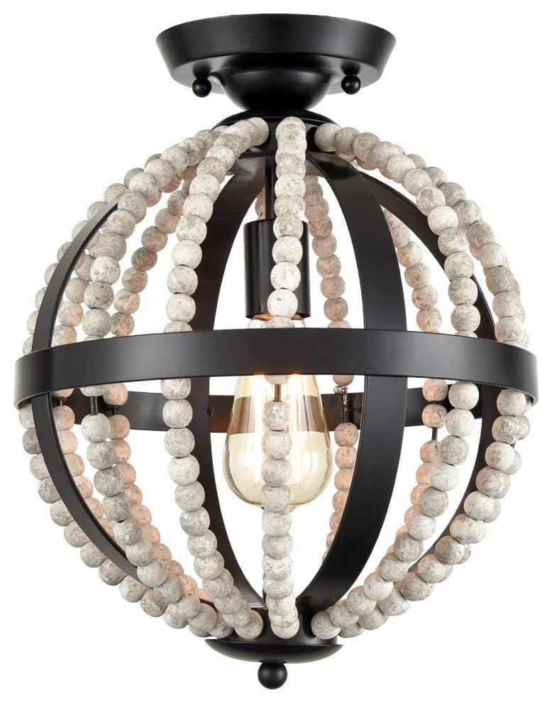 Vintage Globe Semi Flush Mount Lighting, Boho, Wood Ceiling Light Fixture