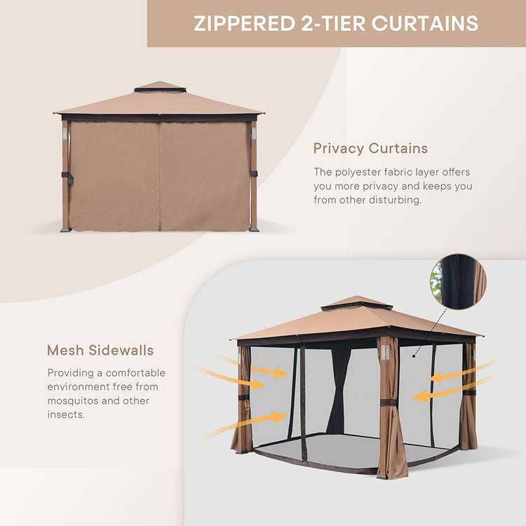 10 x 12 ft. Steel Soft-top Gazebo Zippered 2-Tier Curtain Double Roof Vented