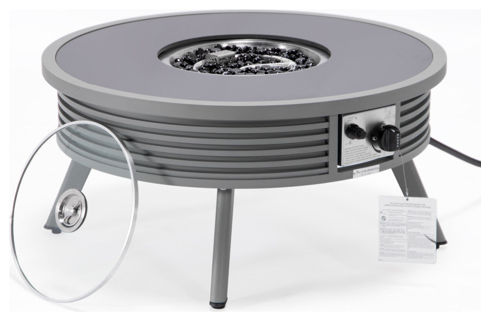 Leisuremod Walbrooke Patio Round Fire Pit Table With Aluminum Slats Frame, Gray