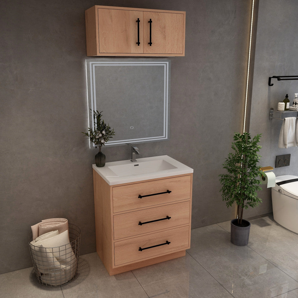 Victoria 30" Solid Wood Bath Vanity, Overhead Cabinet, Red Oak