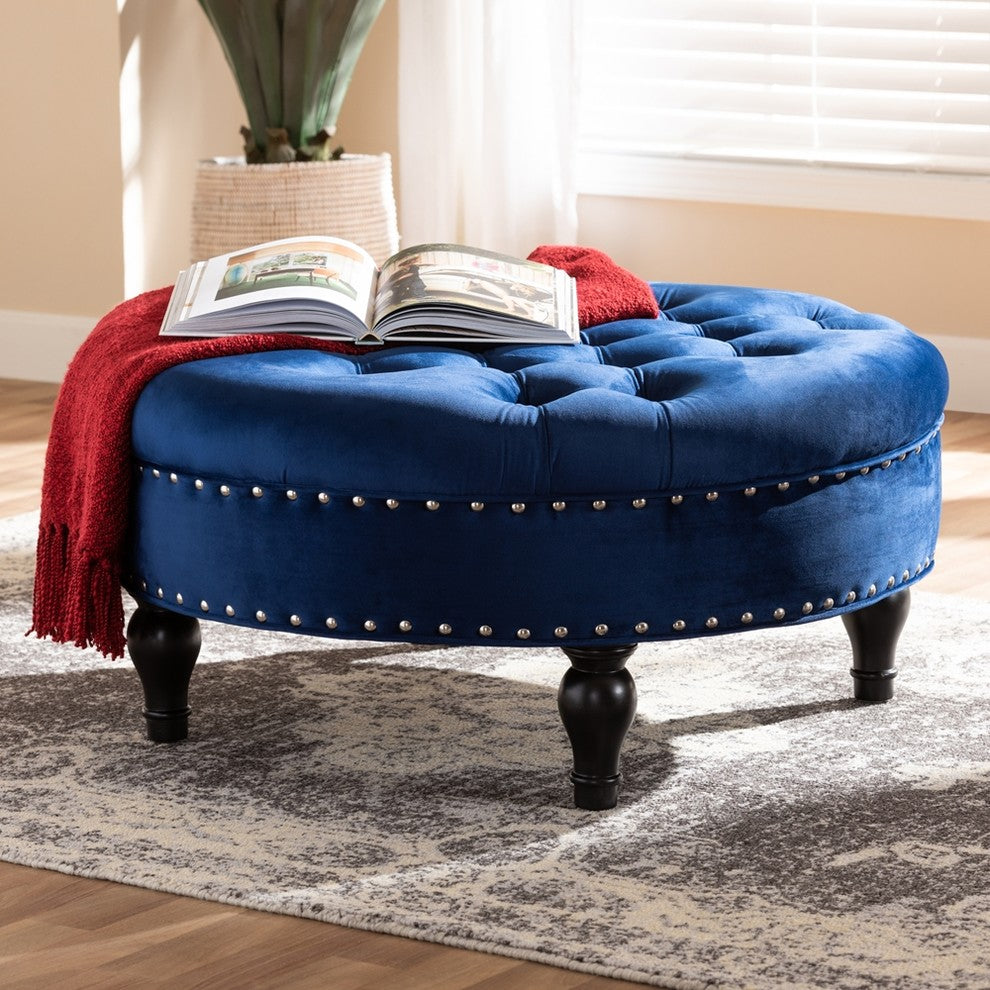 Transitional Blue Velvet Fabric Upholstered Button Tufted Cocktail Ottoman