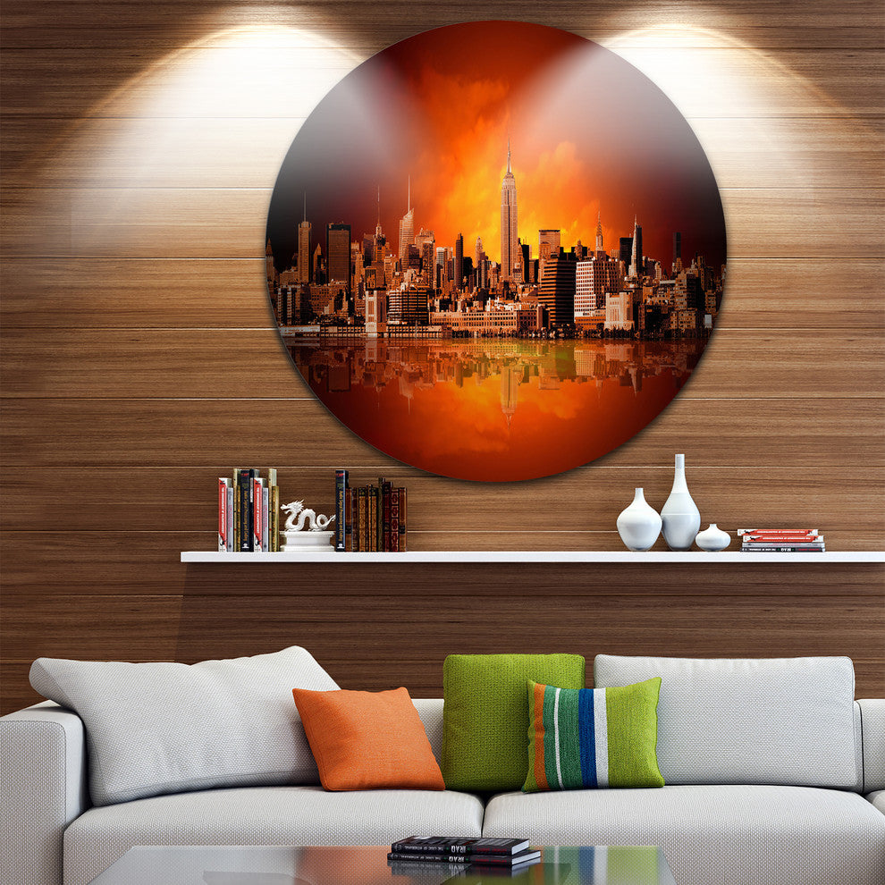 New York City Panorama In Red Light, Cityscape Round Metal Artwork, 11"