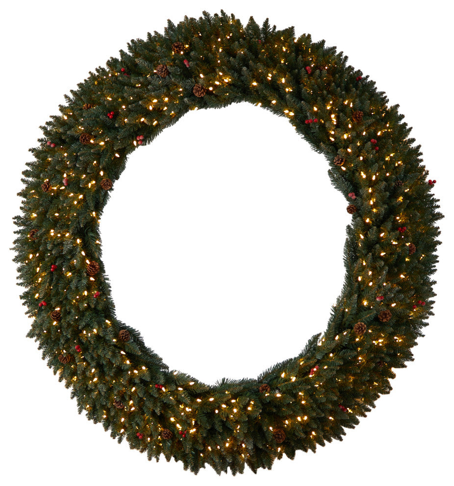 6' Large Flocked Artificial Christmas Wreath With Pinecones Berries 600 LEDs
