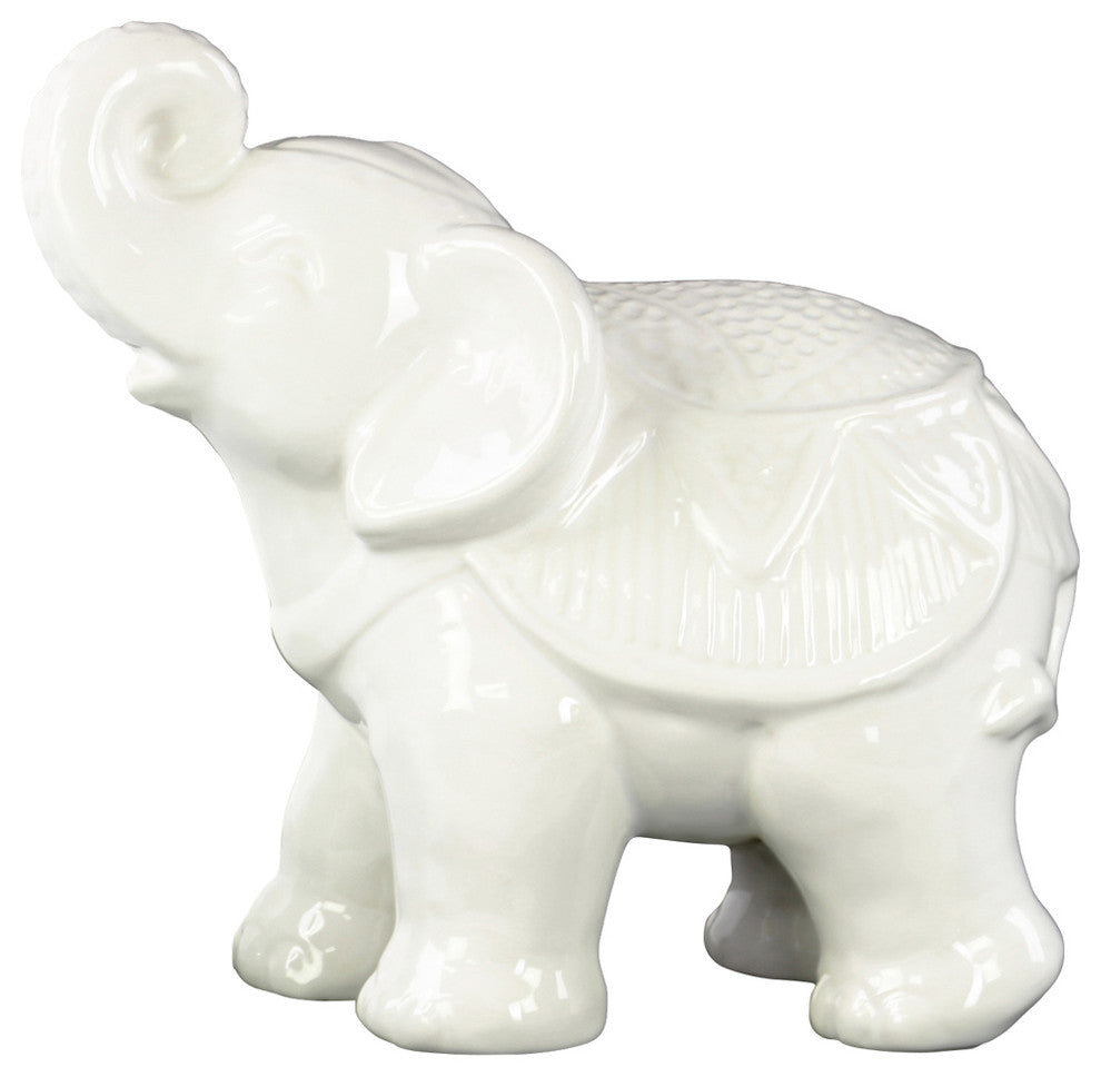 Ceramic Standing Trumpeting Ceremonial Elephant Figurine, White