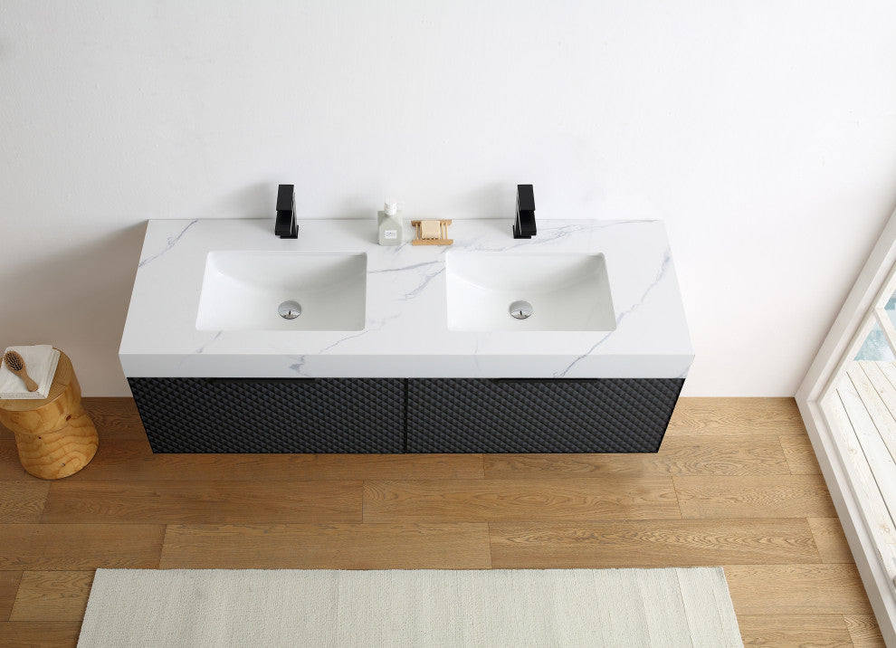 Manarola with Thick Quartz Wall Mount Vanity, Black of Night, 72"