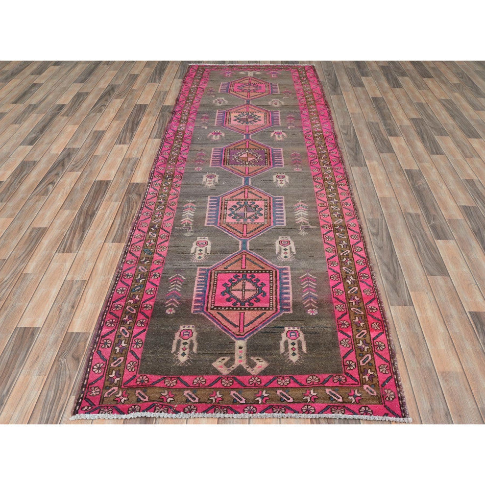 Mocha Brown With Pink Old Persian Heriz Hand Knotted Pure Wool Rug, 3'7"x10'1"