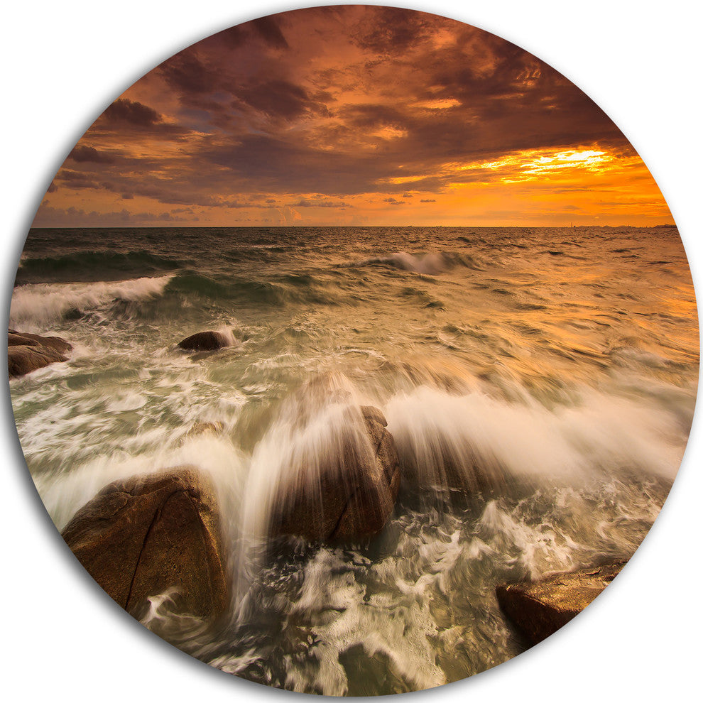 Rushing Ocean Waves Into Rocks, Seashore Disc Metal Artwork, 11"