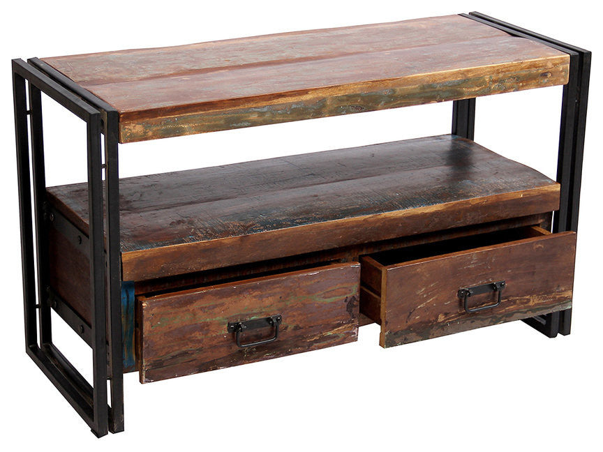 Old Reclaimed Wood TV Cabinet With Double Drawers