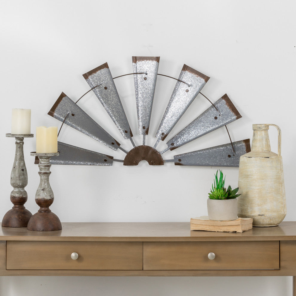 32"L Galvanized Farmhouse Half Wind Spinner Wall Decor, Natural