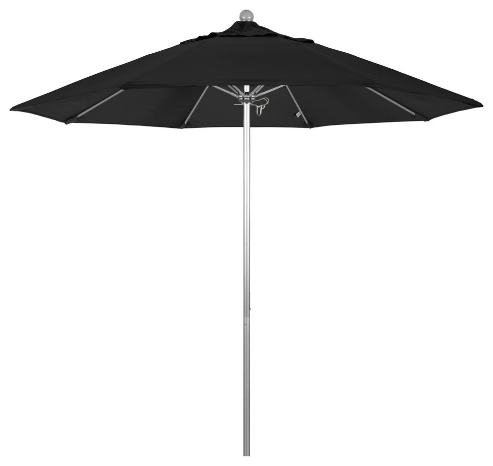 9' Silver Anodized Push Lift Fiberglass Rib Aluminum Umbrella, Olefin, Black