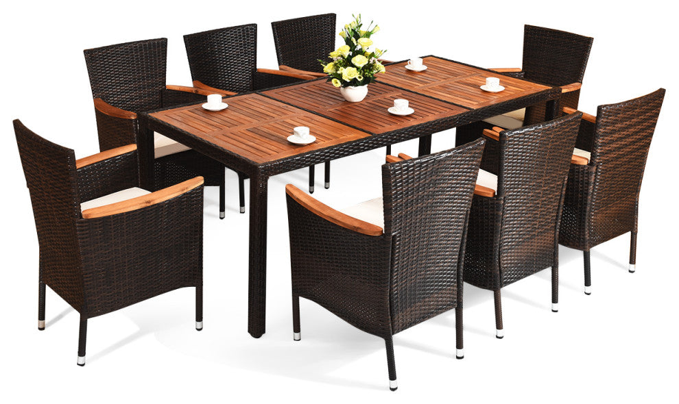 9PCS Patio Rattan Dining Set  8 Chairs Cushioned Acacia Table Top