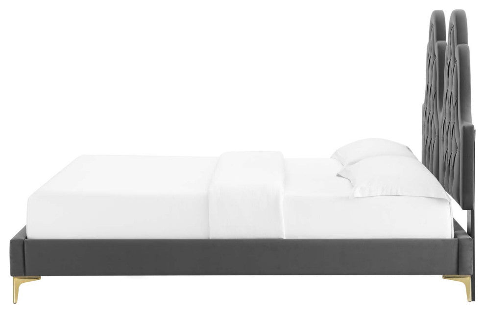 Tufted Platform Bed Frame, King Size, Velvet, Gray, Modern Contemporary