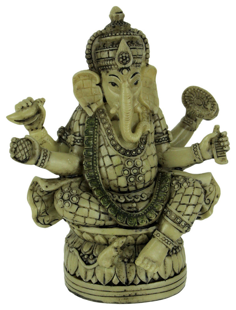 Lord Ganesha Sitting On Lotus Flower Holding Sacred Objects Statue