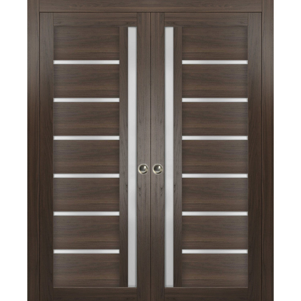 Interior Double Pocket Doors|Frosted Glass|Quadro 4088 Chocolate Ash 36x84