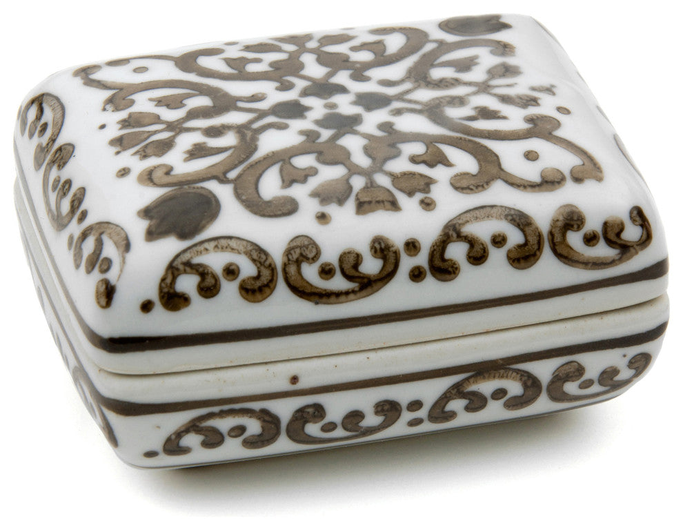 3 1/2" Floral Brown and White Porcelain Small Jewelry Box