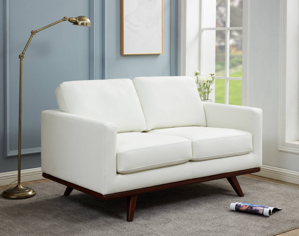 LeisureMod Chester Modern Leather Loveseat With Birch Wood Base, White