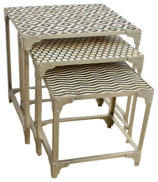 HILO Black & White Patterned Faux Stone Nesting Tables with Silver Base. Purpose