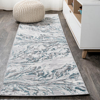 Swirl Marbled Abstract Area Rug, Gray/Turquoise, 2'x8'