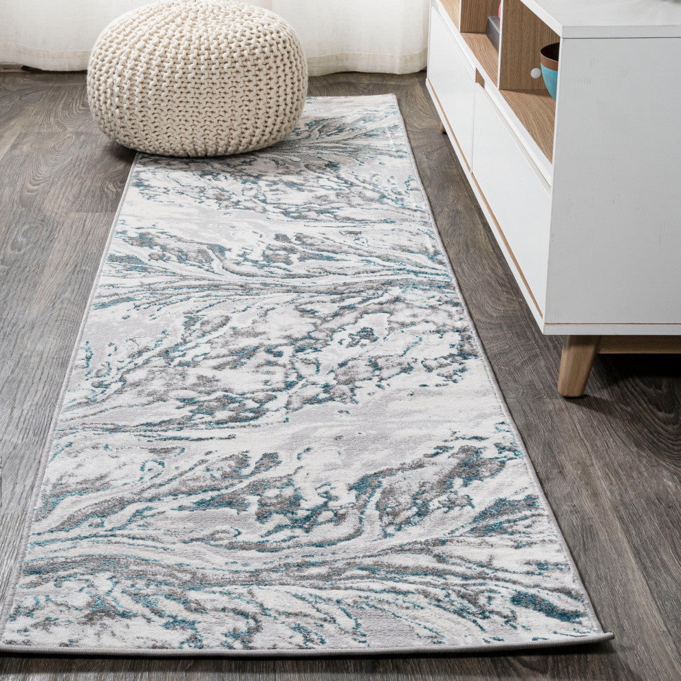 Swirl Marbled Abstract Area Rug, Gray/Turquoise, 2'x8'