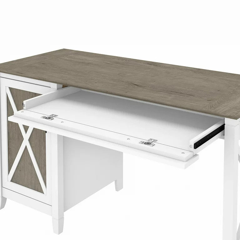 Farmhouse Desk, Large Drawer & X-Shaped Accented Door, Shiplap Gray/Pure White