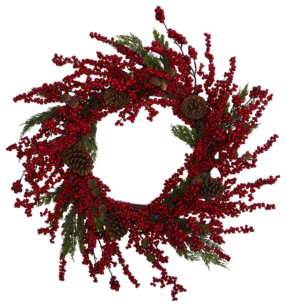 Nearly Natural 28ï¿½ Cypress Artificial Wreath with Berries and Pine Cones