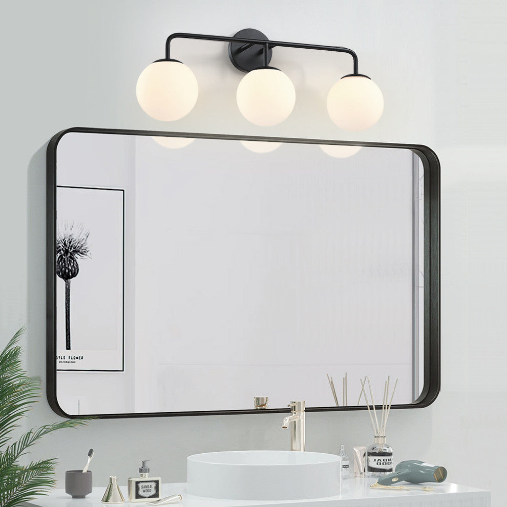 26.3in. W 3-Light Black Vanity Light With Globe Shades