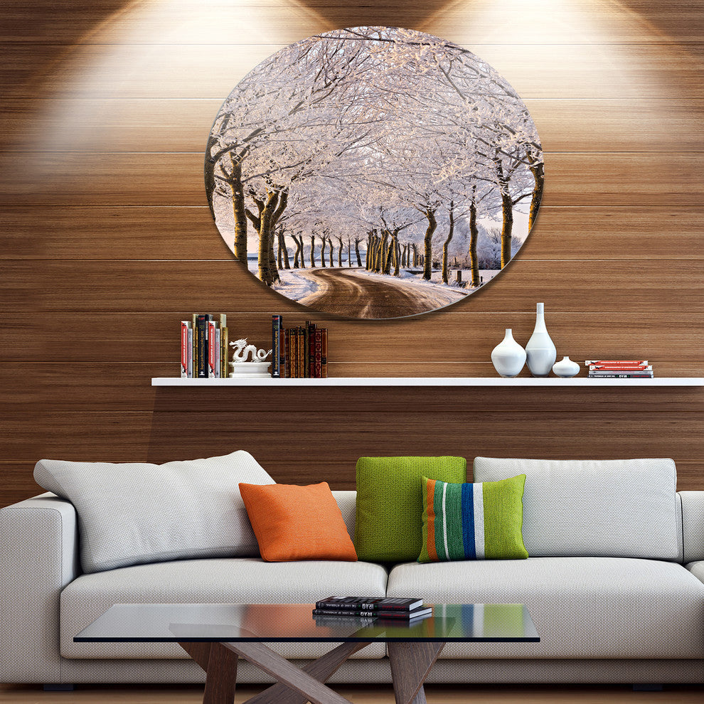 Trees And Road In White Winter, Landscape Large Disc Metal Artwork, 36"