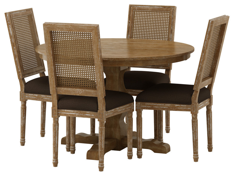 Merlene French Country Upholstered Wood and Cane 5-Piece Circular Dining Set, Natural/Brown