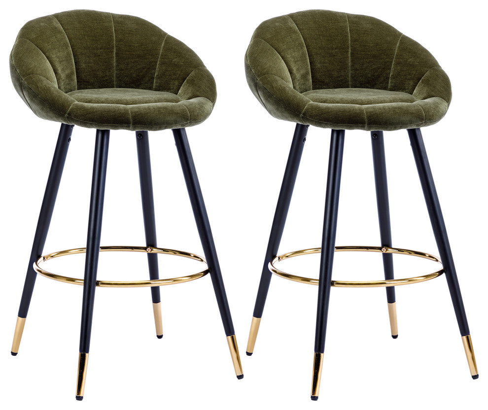 Set of 2 Blooming Flower Chenille Bar Stools, Darkgreen