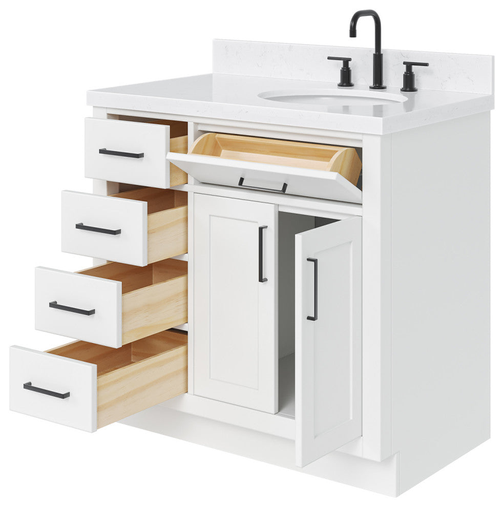 Ariel Hepburn 36" Right Offset Single Oval Sink Vanity, Carrara Quartz