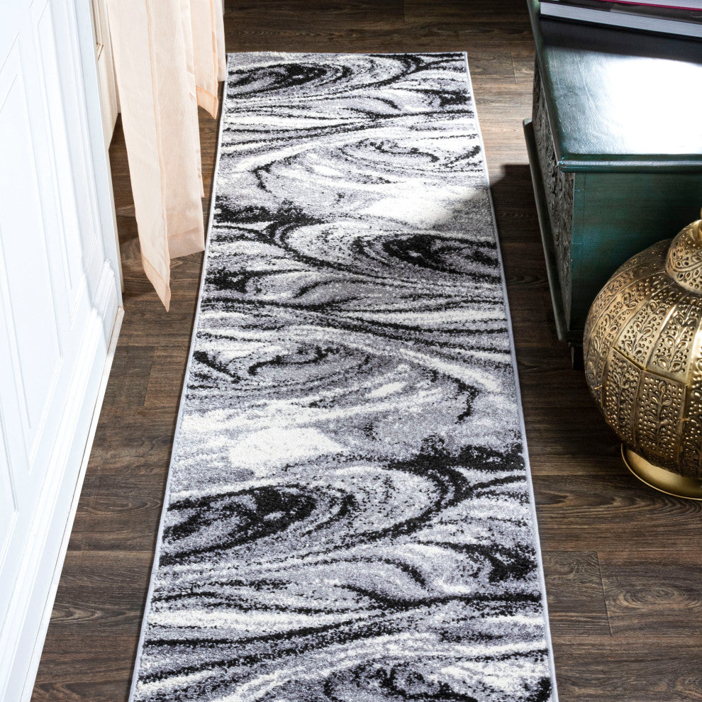 Viscon Abstract Marble Contemporary Light Gray/Black 2 ft. x 10 ft. Runner Rug