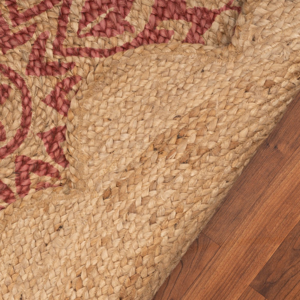 6" Round Tan and Red Boho Chic Area Rug