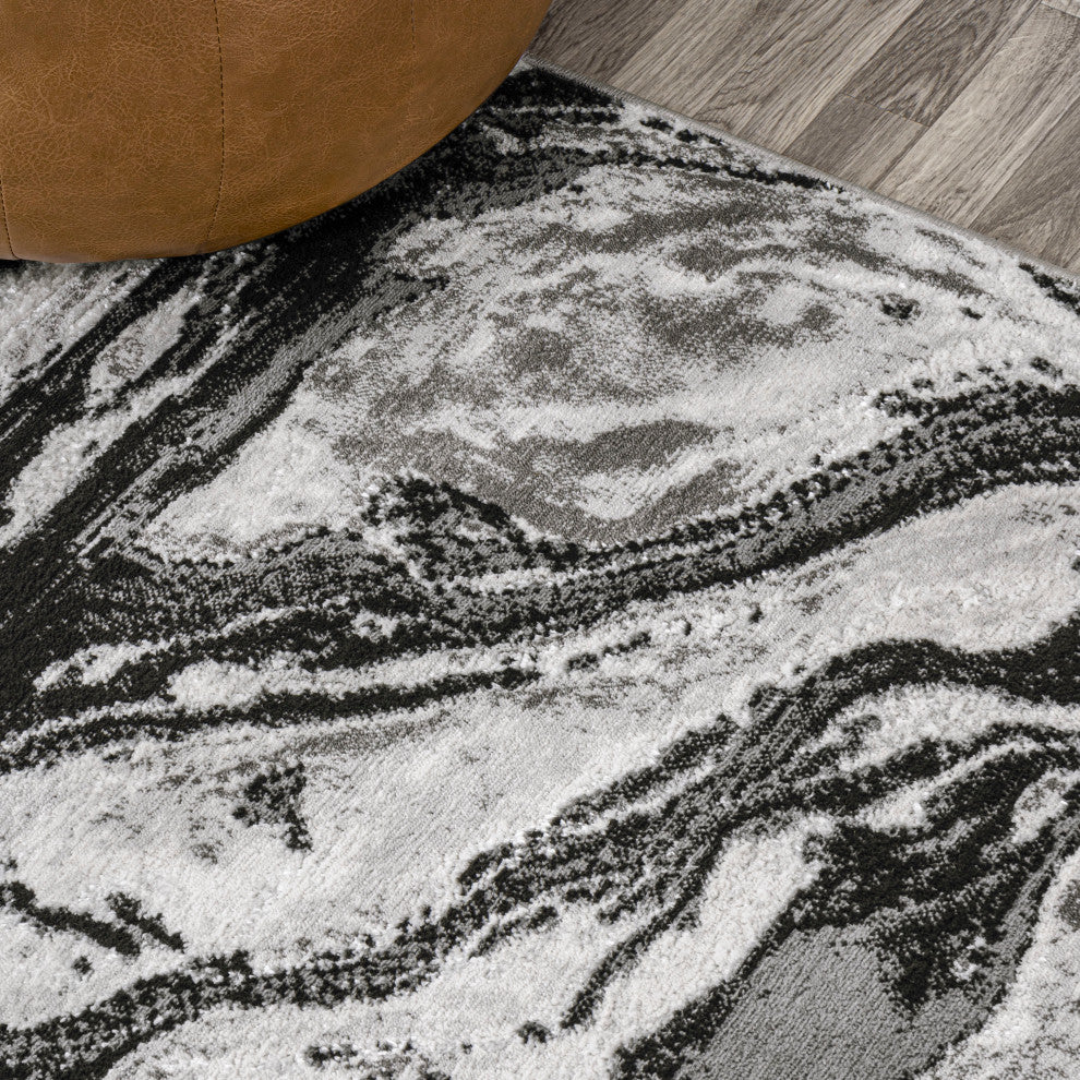Swirl Marbled Abstract Area Rug, Black/Ivory, 8 X 10