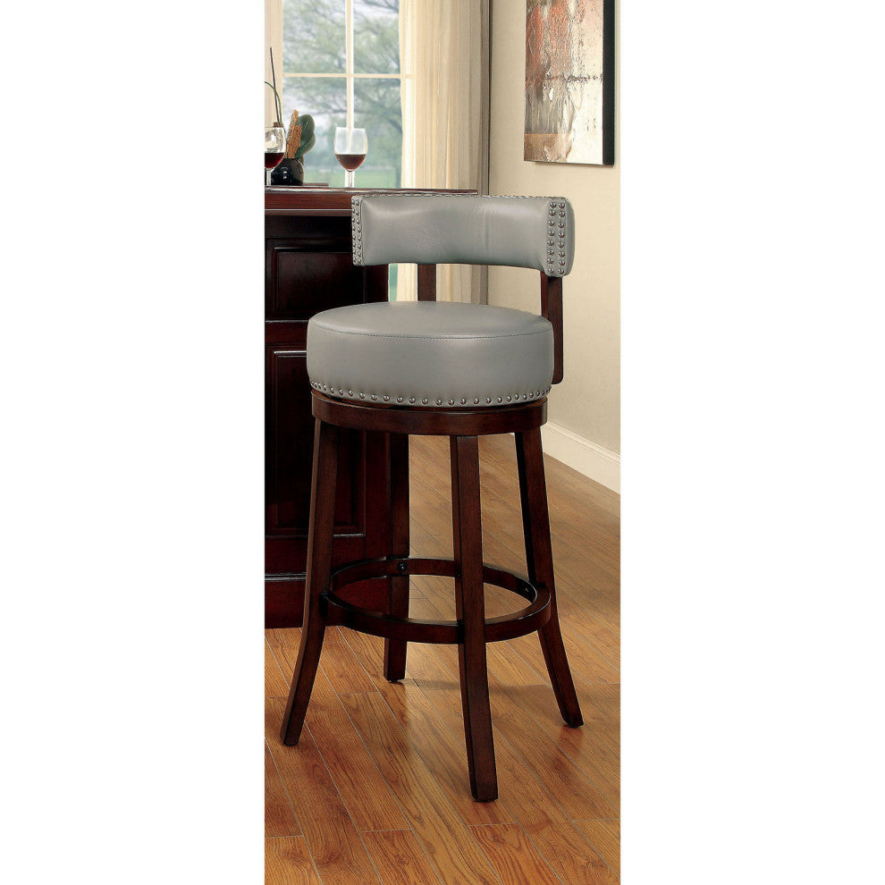 Set of 2 Leatherette and Wood Bar Stool, Dark Oak, Gray